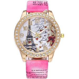 Unisex Vrouwen Mannen Boho Stijl Horloge Afdrukken Eiffeltoren Patroon Crystal Diamanten Paar Horloge Dames Polshorloge Zegarek