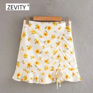 Zevity Vrouwen Mode Bloemenprint Zoom Ruches Onregelmatige Rok Faldas Mujer Dames Chic Hoge Taille Side Rits Mini Rokken QUN646