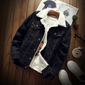 Nieuw Winter Jas Mannen Zwarte Kleur Imitatie Lamswol Vintage Denim Jas Dikke Warme Fluwelen Bomber Jas hombre