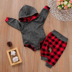 Baby Jongens Meisjes Kinderen Kids Baby Kleding Set Plaid Hooded Trui Romper Bodysuit Broek Boutique Kleding Outfits Trainingspak