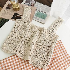 Zomer Hollow Out Haak Vest Camis Mujer Boho Beach T Shirt Vrouwen Mouwloze Crop Top Gebreide Hemdje Vrouwelijke