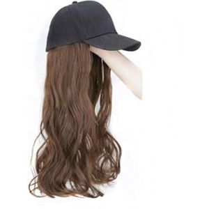 Lange Rechte Zwarte Hoed Baseball Cap met Haarverlenging Bruin Pruik Haarstukjes Synthetisch Haar Stukken