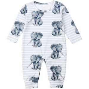 Pasgeboren Kids Baby Jongen Meisje Romper Olifant Print Lange Mouwen Gestreepte Jumpsuit Outfits Set