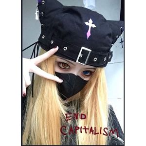 Harajuku Punk Gothic Kat Oren Cross Zwarte Baret Dames Rock Lace Up Mode Straat Kleding