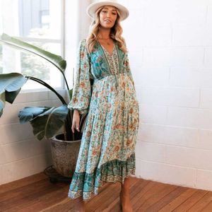 Boho Geïnspireerd Sage Green Boho Jurk Lange Mouw Lente Herfst Jurk Voor Vrouwen Katoenen V-hals Knoppen Koord Wasit Vrouwen Jurk