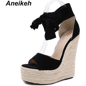 Aneikeh Leisure Stretch Stof Sandaal Vrouwen Wiggen Sandalen Lace-Up Wiggen Hoge Hakken Dunne Riem Solid Black Party Dagelijks maat 4-9