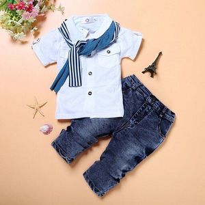 2-7 Jaar Kids Kleding Jongens Outfit Zomer Kinderkleding Jongen Sets Katoen Met Korte Mouwen O-hals Tops + jeans + Sjaal Baby Kostuum