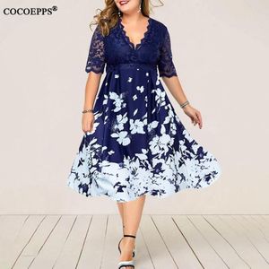 5XL 6XL Vrouwen Plus Size Kant Stiching Jurk Sexy V-hals Bloemen Printing Een Lijn Jurk Blauw Vrouwelijke Grote size Party Vestidos