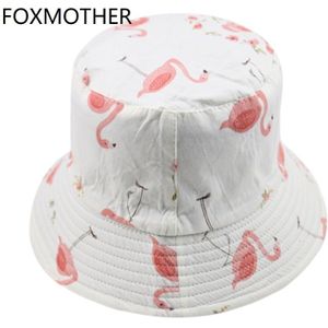 FOXMOTHER Mooie Mode Zomer Witte Flamingo Print Emmer Hoed Caps Chapeau Pecheur Gorras Vrouw
