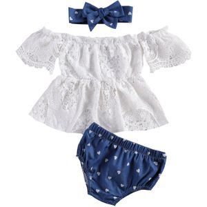 3Pcs Pasgeboren Meisjes Casual Outfits Baby Korte Mouwen Hollow Out Off-De-Schouder Kant Tops + Liefde print Shorts + Strik Hoofdband