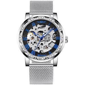 Winnaar Mode Diamant Blauwe Handen Lichtgevende Mannen Horloges Mesh Steel Skeleton Hand wind Mechanische Mannelijke Klok