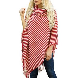 Mode Zwart-wit Gestreepte Sjaal Herfst Losse Gebreide Trui vrouwen Kwastje Mantel Top Poncho Hoge Kraag Volledige Mouwen