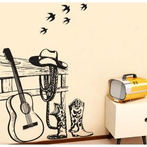 Cartoon Schets cowboy jurk up Gitaar Muur Sticker Decoratie Voor Jongens Slaapkamer Thuis Decal Patroon Verwijderbare Pvc Venster Poster