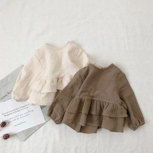 9144 Kinderen Koreaanse Herfst T-shirt Meisjes Linnen Blouses Ins Lotusblad Kant Band Mouw Mond Lange Mouw Katoen tops
