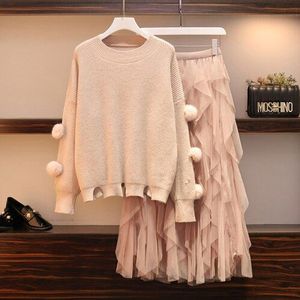 Grote maat knit lange mouwen truien en elastische hoge taille ruches mesh lange rokken vrouwen zoete herfst winter koreaanse zoete sets