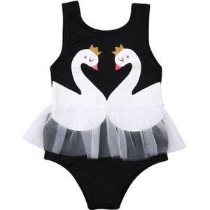 Zomer Een Stuk Badpak Voor Meisjes Leuke Zwaan Afdrukken Badmode Meisjes Mouwloze Badpakken Zwart Kant Mesh Kind Bodysuits