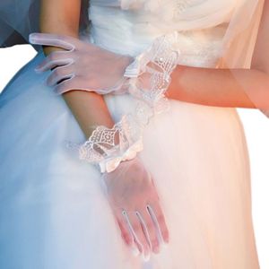 Vrouwen Bridal See Through Volledige Fingered Wit Pols Kant Trim Strik Decor Korte Handschoenen