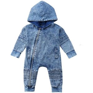 0-3Y Peuter Baby Jongens Casual Romper Kleding Lange Mouwen Rits Denim Blauw Hooded Solid Jumpsuits Outfit Herfst Winter