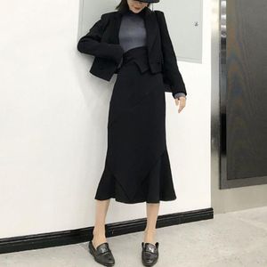 Zwarte Business Blazers Set Vrouwen Chic Solid Blazers Suits + Mermaid Rok Lange Mode Kantoor Dame Tweedelige Set herfst