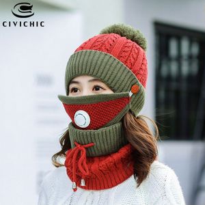 CIVICHIC Mode Vrouw Winter Muts Sjaal Masker 3 Delige Set Dikke Pompon Mutsen Warm Pak Halswarmer Fleece cap SH123