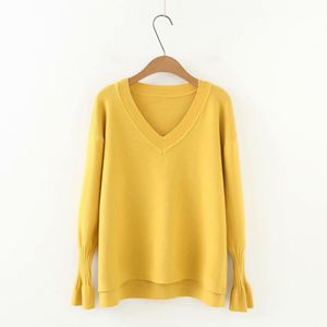 Trui V-hals Lange Mouwen Truien Vrouwen Solid Gebreide Truien Onregelmatige Losse Flare Mouw Jumper