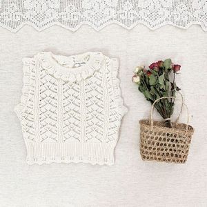 2022 Koreaanse Stijl Kinderen Baby Meisje Vest Trui Pure Kleur Mouwloze Hollow Wol Vest Leuke Lotusblad Kraag Korte Vest
