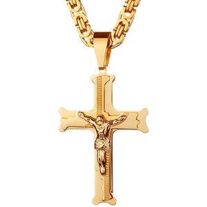 Rvs Grote Jesus Kruis Hanger Met Lange Keten Mannen Goud Kleur Kruisbeeld Kettingen Mannelijke Religieuze Sieraden