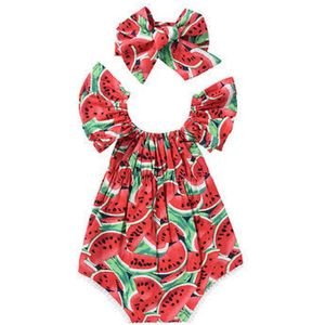 Pasgeboren Baby Meisjes Watermeloen Print Kleding Korte Mouw Bodysuit + Hoofdband 2 stuks Jumpsuit Outfits Speelpakje Baby Kleding