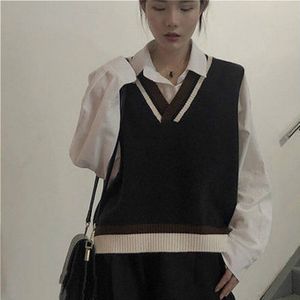Trui Vest Vrouwen V-hals Herfst Losse Preppy Stijl Dame Kleding Breien Chic Mouwloze Alle-Match Harajuku Tieners Eenvoudige