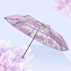 8 Bone Transparante Paraplu Cherry Blossom Waterdicht Winddicht Charmant Bloem Drie Vouwen Roze Paars Meisjes