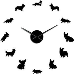 Engels Welsh Corgi Diy Grote Wandklok Spiegel Effect Frameloze Puppy Hondenrassen Wall Art Pet Shop Decoratieve Klok Muur horloge