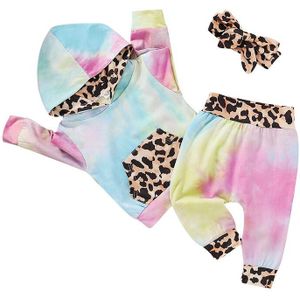 3Pcs Baby Herfst Outfit Tie-Dye Hooded Lange Mouwen Trui + Luipaard Print Losse Broek + Bow hoofdband Voor Peuter Meisje