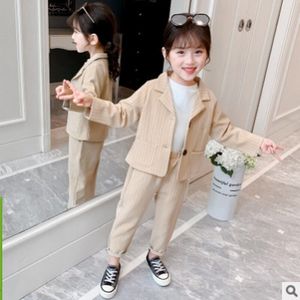Meisjes Gestreepte Pakken Lente En Herfst Meisjes Kinderkleding Mode Single-Breasted Gestreepte Kaki Kleur Past Size4-14 ly122