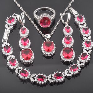 Rose Red Crystal Sieraden Set Voor Vrouwen Bruids Sieraden Met Armband Zilver Kleur Ketting Hanger Oorbellen Ring QS0124