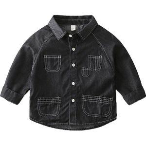 Herfst Jongens Zwart Denim Shirt Revers Lange Mouwen Blouse 2 Tot 8 Jaar Kinderen Kinderkleding kind Leuke Mooie