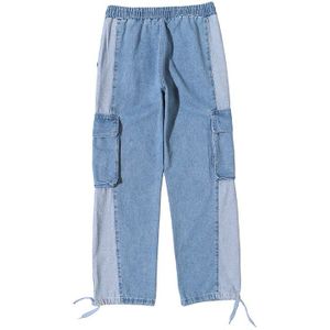 Harajuku High Street Jeans Broek Mannen En Vrouwen Retro Stiksels Cut Beam Trekkoord Zijzakken Denim Broek Ripped Jean Broek
