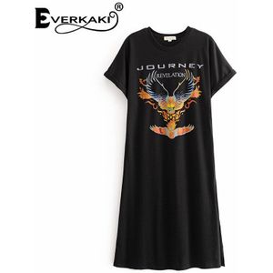 Everkaki Boho Retro Print Jurk T-shirt Jurk Zomer Vestidos Dames Lange Split Jurken Losse Vrouwelijke Lente Mode