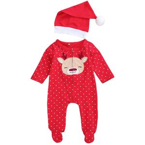 Pasgeboren Baby Jongens Meisjes Kerst 2 Stuks Set Lange Mouw Jumpsuit Herfst Fawn Stip Rits Romper + Hoed mode Kleding