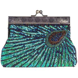 Vintage Sequin Peacock Clutch Bag, Antique Beaded Evening Handbag Clutch Bags, Turquoise Eye Catching Purse for Wedding Purse