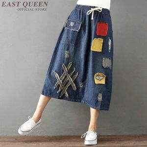 Chinese Stijl Denim Rok Applicaties Retro Vrouwen Rokken Herfst Elastische Taille EEN Lijn Vintage Jeans Rok Vrouw TA1759