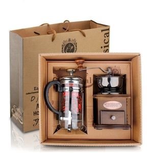 Retro Vintage Houten Handleiding Hand Crank Koffiemolen Koffieboon Molen Slijpmachine met Koffiekan Koffiezetapparaat Pot Set