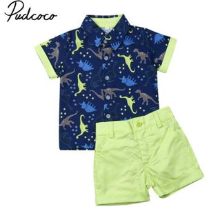 2 STUKS Kinderen Sets Jongens Turn-down Hals Jurk Shirt en Denim Shorts Zomer Casual Cartoon Dinosaurus Katoen Kids jongen Kleding 1-5Y