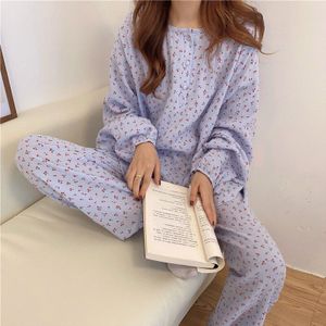 Pyjama Katoen Vrouwen Cherry Print Nachtkleding Lange Mouwen Tops + Broek 2 Stuks Homewear Losse O-hals Trui Pijamas Comfortabele S1027