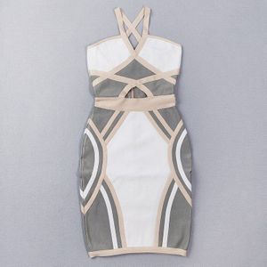 Sexy V-hals Wit & Grijs Rayon Bodycon Dikke Bandage Jurk Gebreide Elegante Jurk
