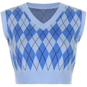 Vintage Argyle Gebreide V-hals Trui Vest Rok Set Vrouwen Mode Herfst Gebreide Plaid Trui Casual Cropped Pak Preppy Stijl