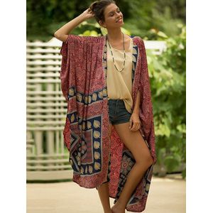 Fitshinling Vintage Oversized Kimono Beach Cover Up Badmode Print Losse Batwing Mouw Lange Vest Boho Zomer Jas