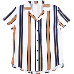 Zomer Mode Mannen Korte Mouw Turn-Down Kraag Gestreepte Print Casual Shirts Tops Heren Kleding