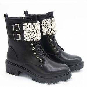 Herfst En Winter Romeinse Parel Kant Laarzen Vrouwen Knight Laarzen Handgemaakte Kralen Platte Vrouwen Schoenen Size36-41