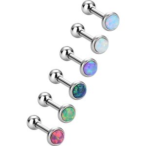 Lvcky 6 Stuks Inless Staal Opal Stud Earring Barbell Piercing Oorbellen Lichaam Sieraden Voor Tragus Kraakbeen, 6 Kleuren, 18 Gauge
