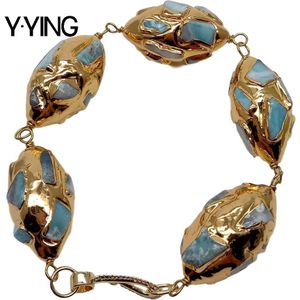 Y · Ying Natural Blue Larimar Goud Kleur Plated Olive Vorm Armband Etnische Stijl Handgemaakte Voor Vrouwen